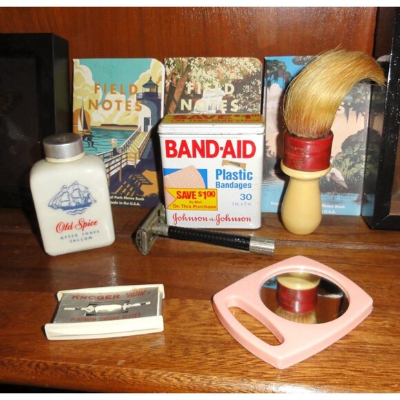 Vintage Shaving & First Aid Bathroom Lot razor celluloid shaving brush band-aid - Picture 4 of 15